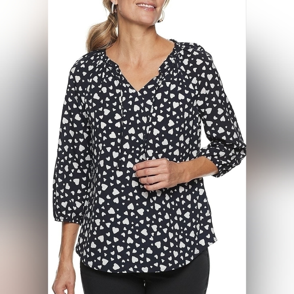 NWOT Womens Croft & Barrow Heart Print Splitneck Balloon Sleeve NAVY Top SMALL